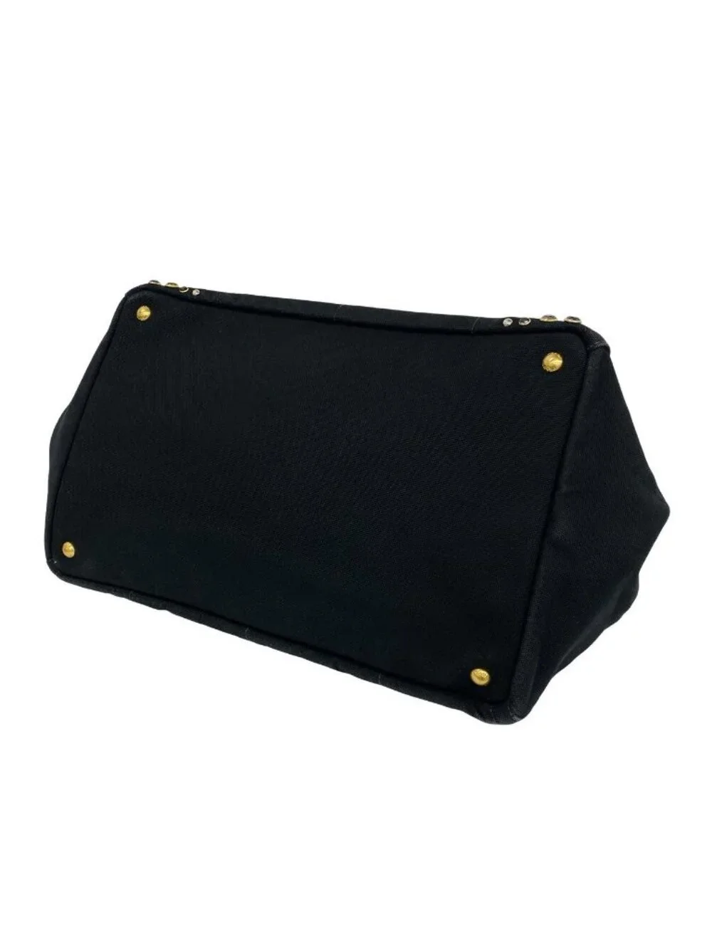 Prada Canapa Triangle Logo Canvas Saffiano Leather Studs Tote Handbag Black